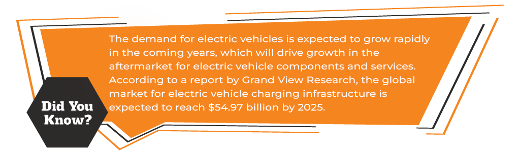 The demand for electric vehicles is expected to grow rapidly in the coming years, which will drive growth in the aftermarket for electric vehicle components and services. According to a report by Grand View Research, the global market for electric vehicle charging infrastructure is expected to reach $54.97 billion by 2025.