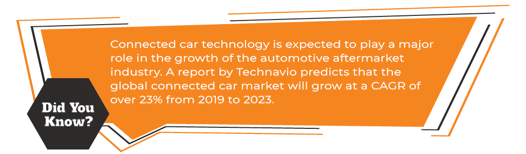 Connected car technology is expected to play a major role in the growth of the automotive aftermarket industry. A report by Technavio predicts that the global connected car market will grow at a CAGR of over 23% from 2019 to 2023.